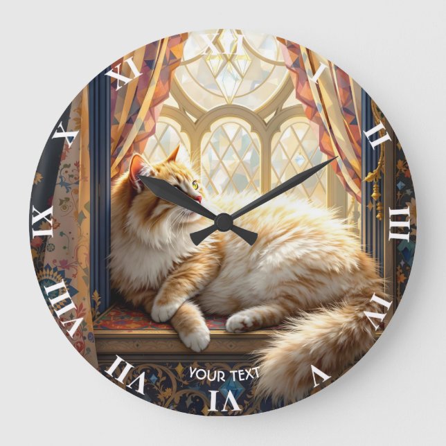 Fantasy Cute Morning Window Cat Large Clock (Front)
