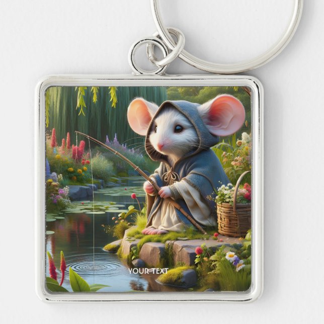 Fantasy Cute Mouse Fishing Flowers Keychain (Front)