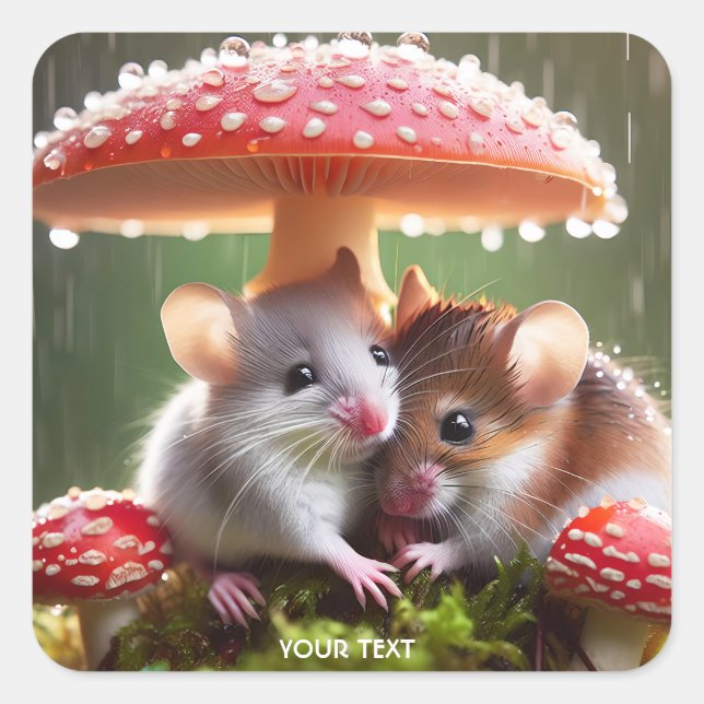 Fantasy Cute Mouse Mushroom Rain Square Sticker (Front)
