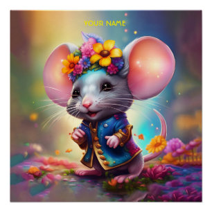 Fantasy Cute Mouse With Flower Poster