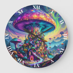 Fantasy Cute Mushroom Rainbow Skies Large Clock