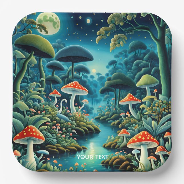 Fantasy Cute Mushrooms Forest Moon Paper Plate (Front)
