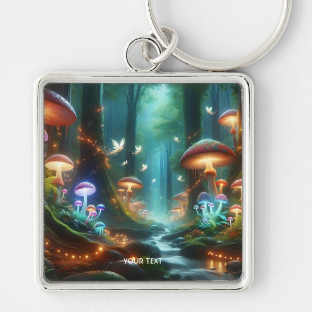Fantasy Cute Mushrooms Forest Night Keychain (Front)