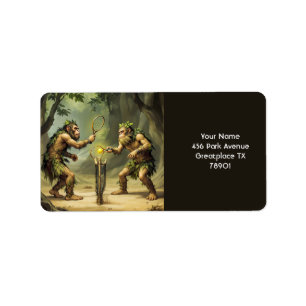 Fantasy Cute Neandertals Playing Tennis Label