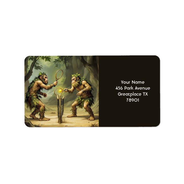 Fantasy Cute Neandertals Playing Tennis Label (Front)