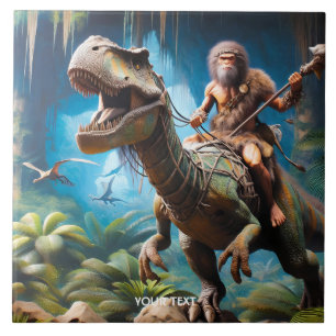 Fantasy Cute Neanderthal Riding Dinosaur Tile