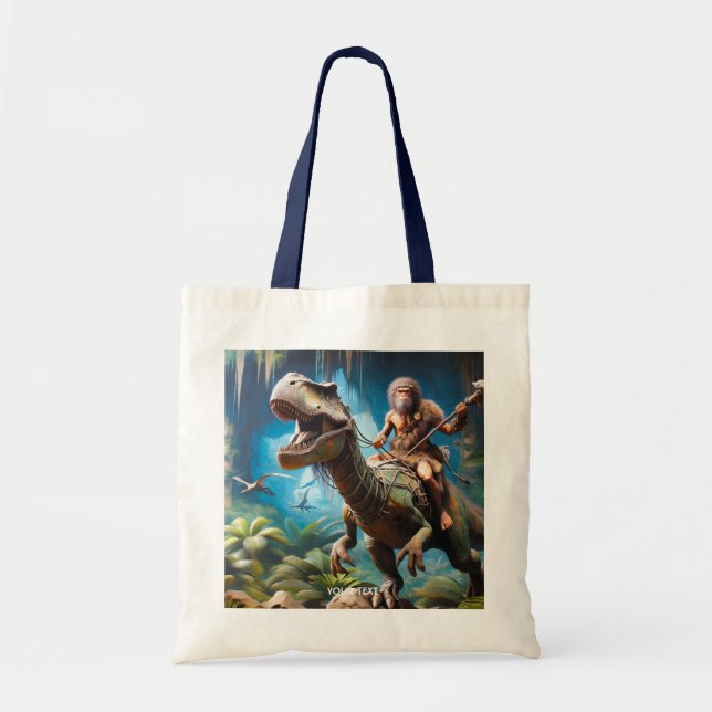 Fantasy Cute Neanderthal Riding Dinosaur Tote Bag (Front)