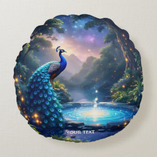 Fantasy Cute Night Puddle Peacock Round Pillow