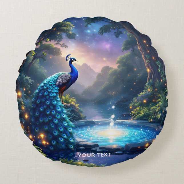 Fantasy Cute  Night Puddle Peacock Round Pillow (Front)
