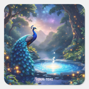 Fantasy Cute Night Puddle Peacock Square Sticker
