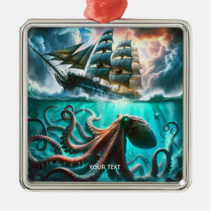 Fantasy Cute Octopus Sailing Ship Metal Ornament