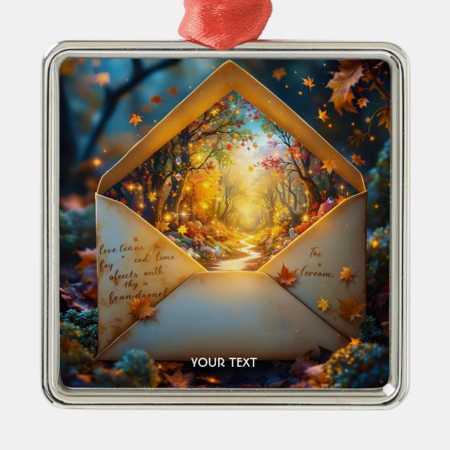 Fantasy Cute Old Autumn Envelope Metal Ornament (Front)