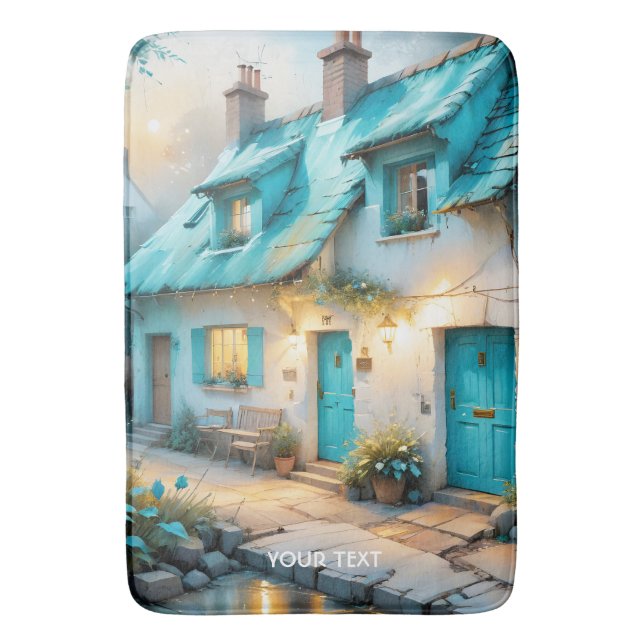 Fantasy Cute Old Blue House Bath Mat (Front Vertical)