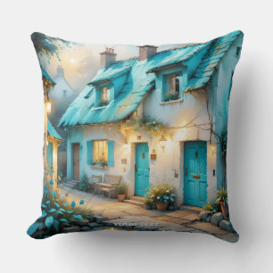 Fantasy Cute Old Blue House Throw Pillow