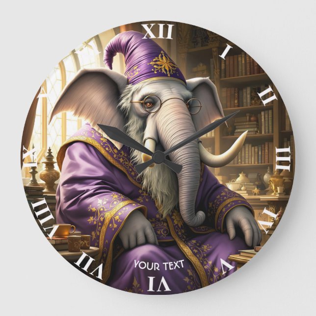 Fantasy Cute Old Elephant Wizard Large Clock (Front)