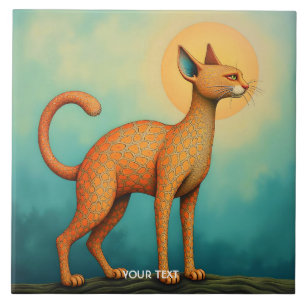 Fantasy Cute Orange Abstract Cat Tile