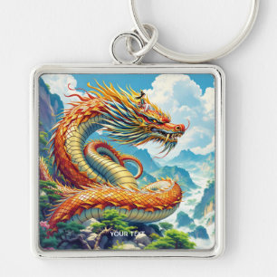 Fantasy Cute Orange Dragon Mountains Keychain
