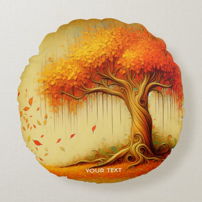 Fantasy Cute Orange Fall Tree Round Pillow (Front)