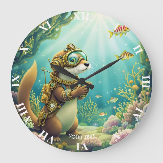 Fantasy Cute Otter Steampunk Suit Large Clock (Front)