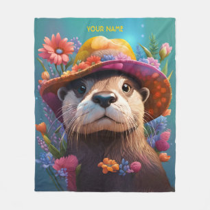 Fantasy Cute Otter Vivid Flowers Fleece Blanket