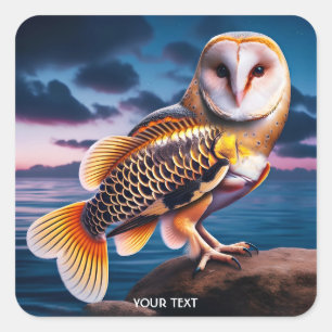 Fantasy Cute Owl Fish Sea Square Sticker