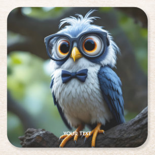 Fantasy Cute Owl Glasses Bow Square Paper Coaster