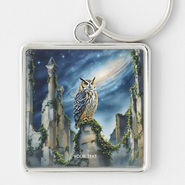 Fantasy Cute Owl Old Ruins Keychain (Front)