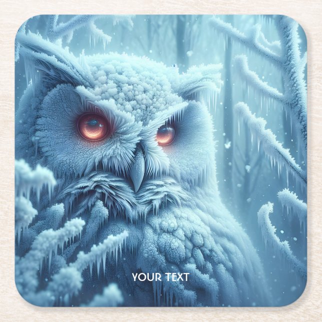 Fantasy Cute  Owl Snow Winter Square Paper Coaster (Front)
