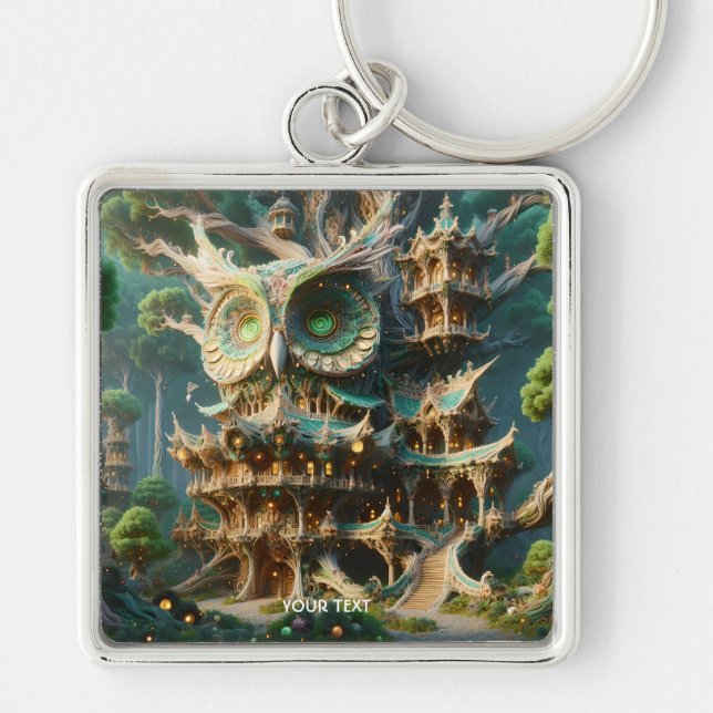 Fantasy Cute Owl Tree House  Keychain (Front)