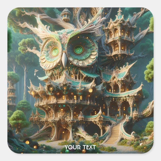 Fantasy Cute Owl Tree House  Square Sticker (Front)