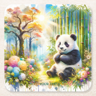 Fantasy Cute Panda Bamboo Forest Square Paper Coaster