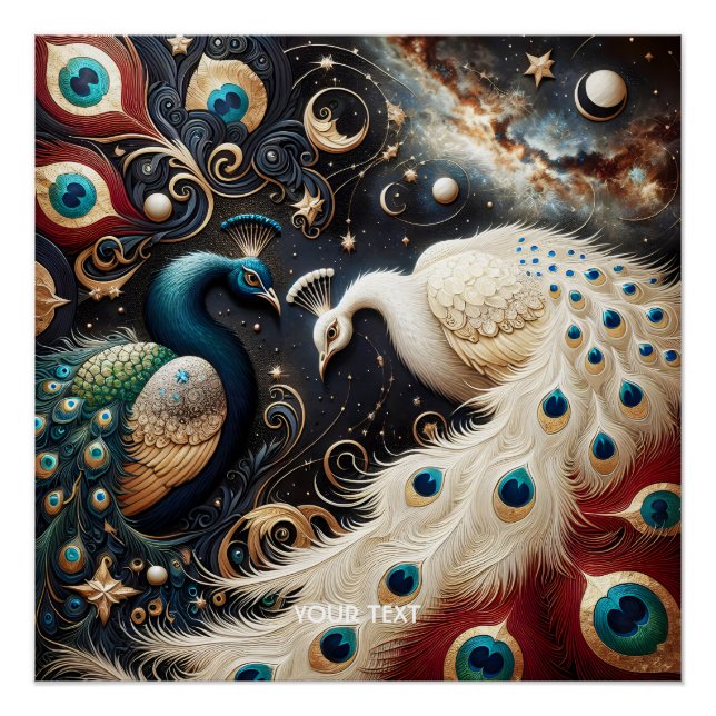 Fantasy Cute  Peacocks Crescent Feathers Poster (Front)