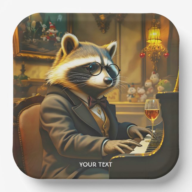 Fantasy Cute Piano Racoon Playing Paper Plate (Front)