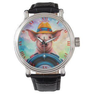 Fantasy Cute Pig Piglet Driving Tractor Watch
