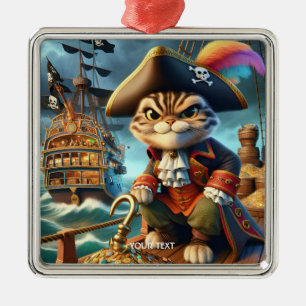 Fantasy Cute Pirate Cat Ship Metal Ornament