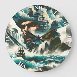 Fantasy Cute Pirate Ship Ocean Large Clock