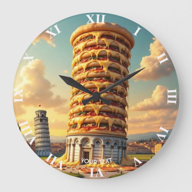 Fantasy Cute Pisa Tower Pizza Large Clock (Front)