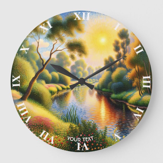 Fantasy Cute Pointillism Landscape River Large Clock (Front)