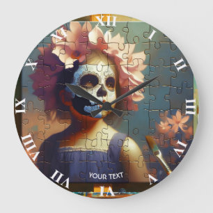 Fantasy Cute Puzzle Girl Flowers Large Clock