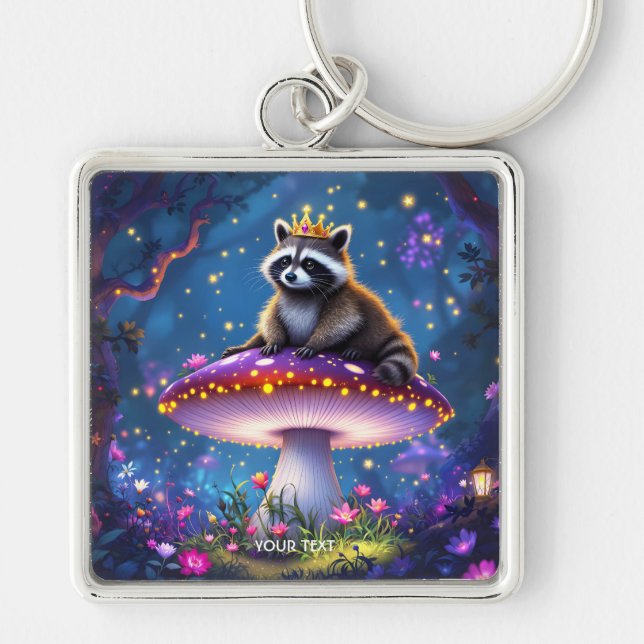 Fantasy Cute Racoon Mushroom Crown Keychain (Front)