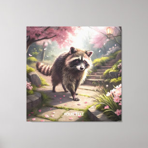 Fantasy Cute Racoon Sakura Garden Canvas Print