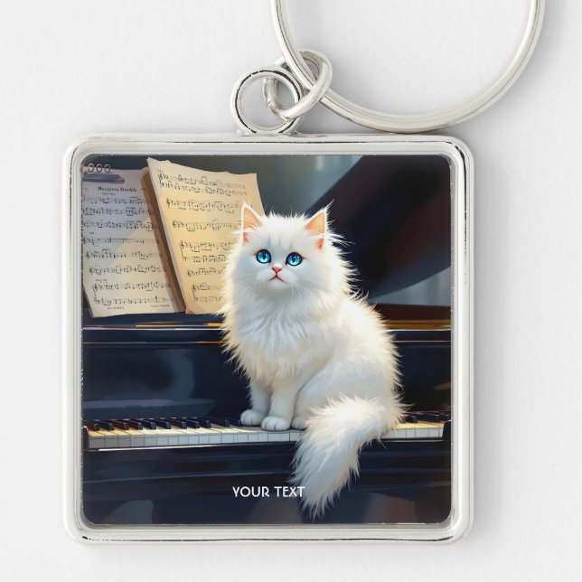 Fantasy Cute Ragdoll Cat On Piano Keychain (Front)