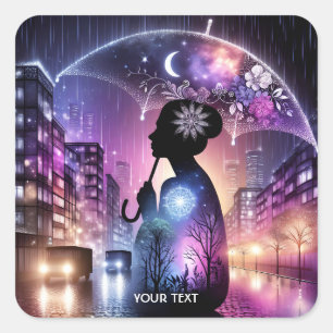 Fantasy Cute Rain Night Umbrella Square Sticker