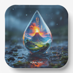 Fantasy Cute Raindrop Volcano Landscape Paper Plate