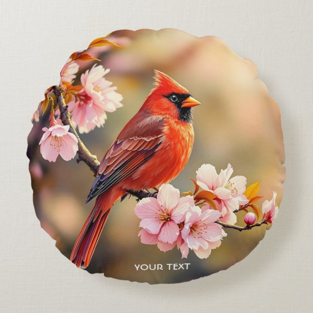 Fantasy Cute Red Bird Cherry Round Pillow (Front)