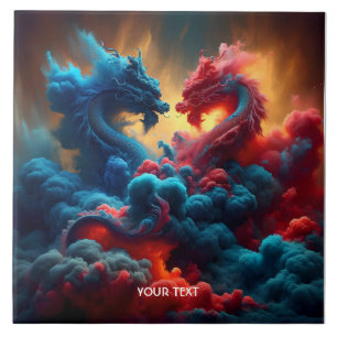 Fantasy Cute Red Blue Dragons Tile