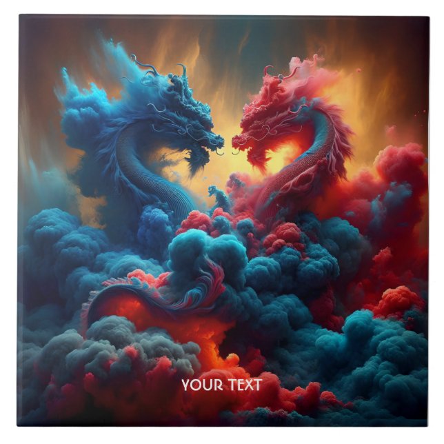 Fantasy Cute Red Blue Dragons Tile (Front)