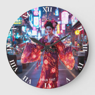 Fantasy Cute Red Cyber Kimono Large Clock