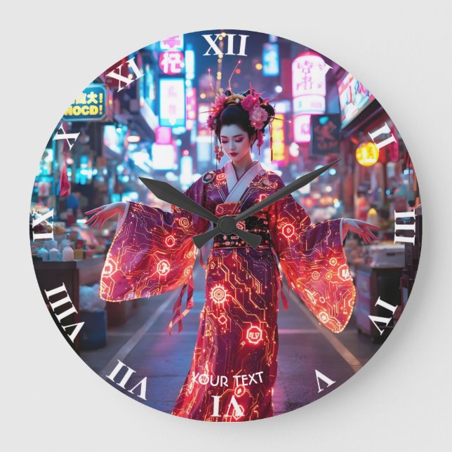 Fantasy Cute Red Cyber Kimono Large Clock (Front)