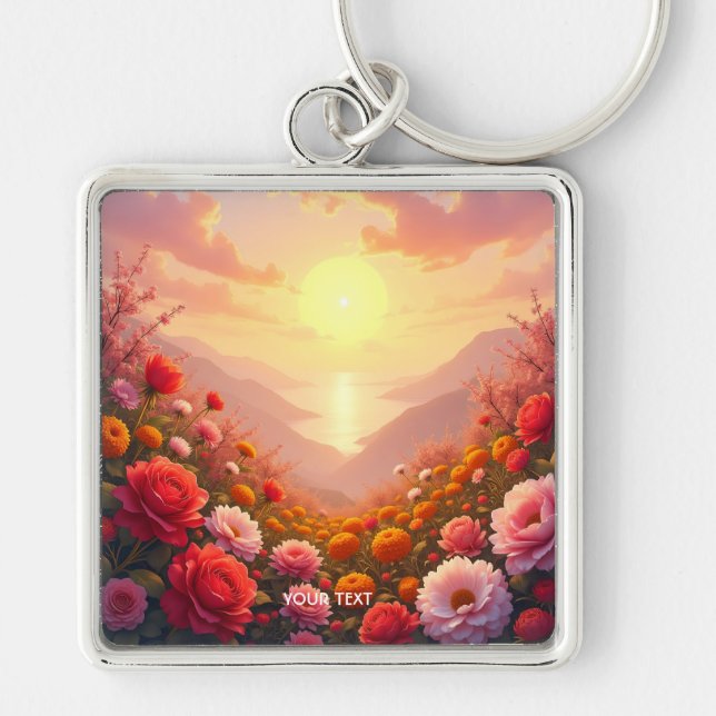 Fantasy Cute River Flowers Sunset Keychain (Front)